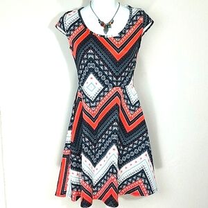 French Atmosphere Skater Sundress Coral Turquoise Chevron Print Mini Dress S